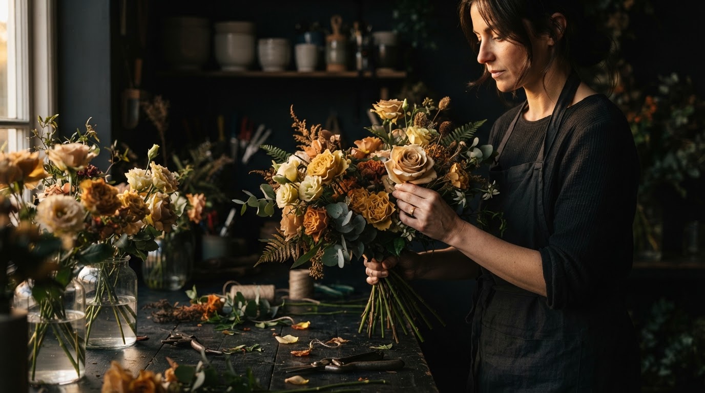 A local florist arranging a bouquet by warm light