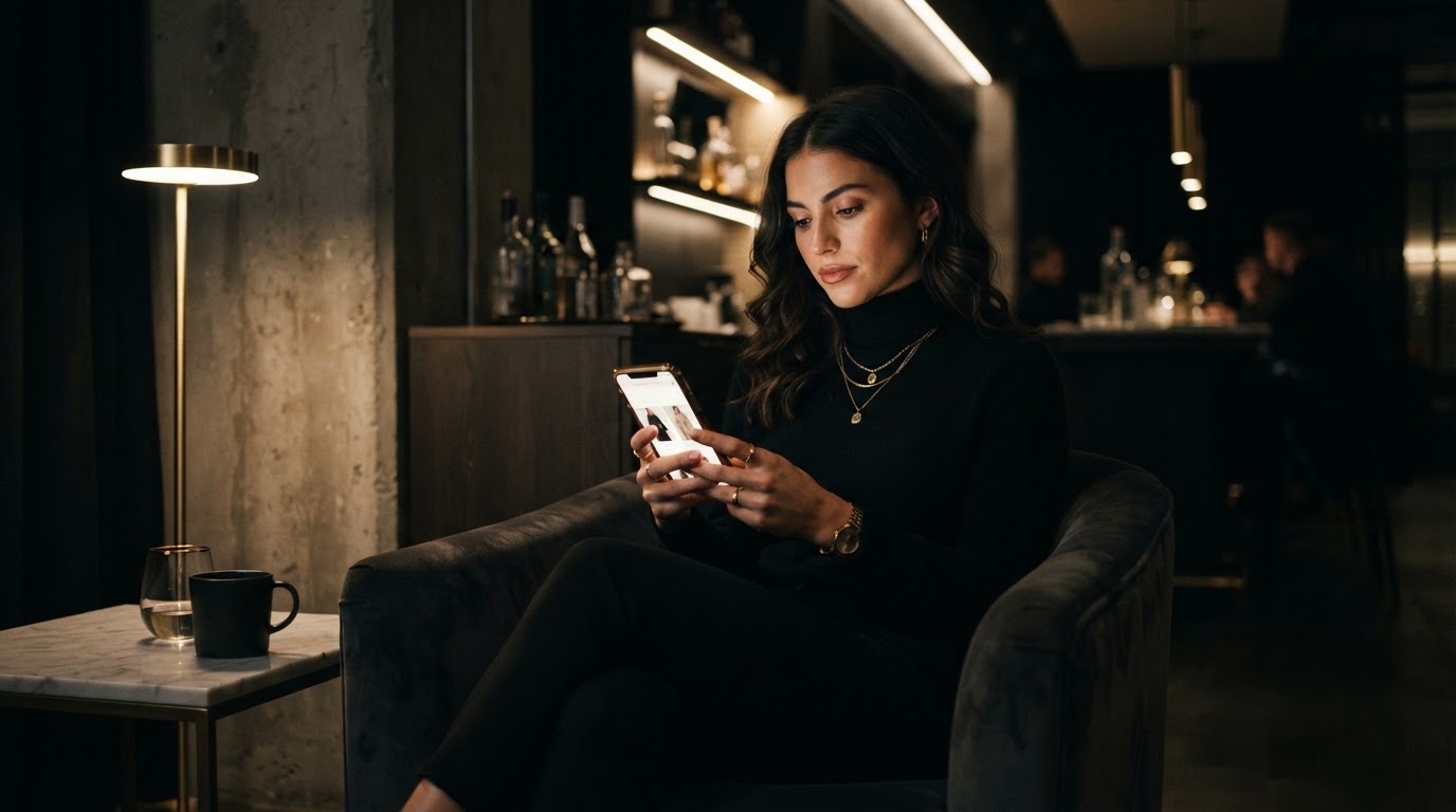 A consumer shopping on a phone in a dimly lit space
