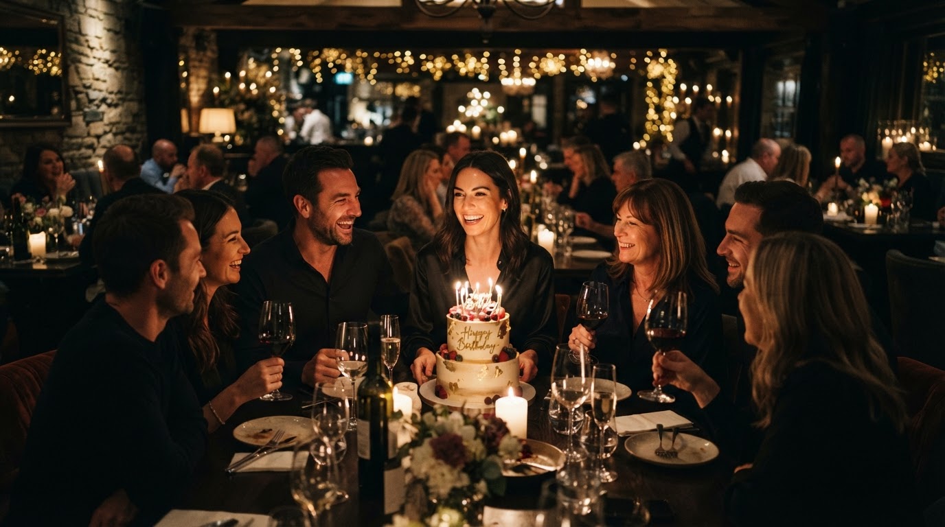 A family celebrating a birthday dinner at a local restaurant by candlelight
