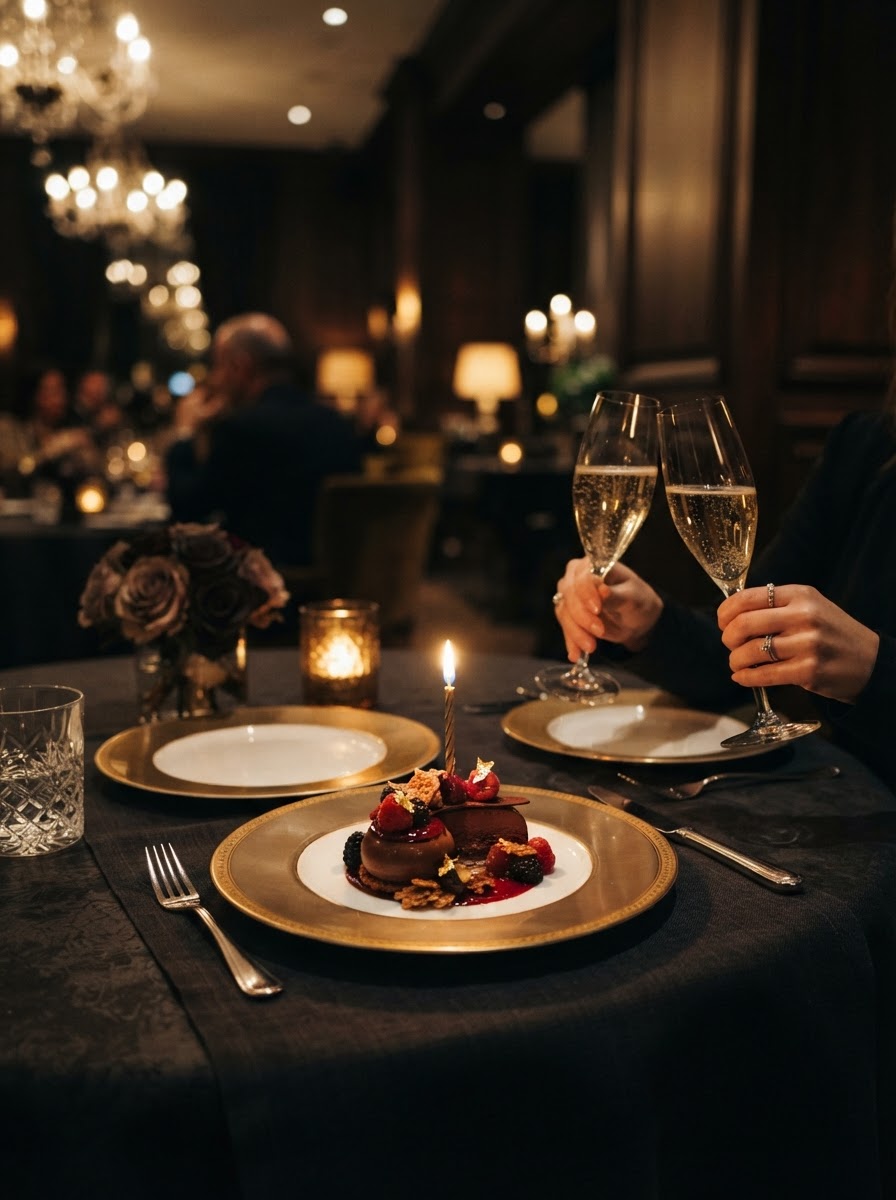 An elegant premium birthday table presentation at a restaurant with dessert and candlelight