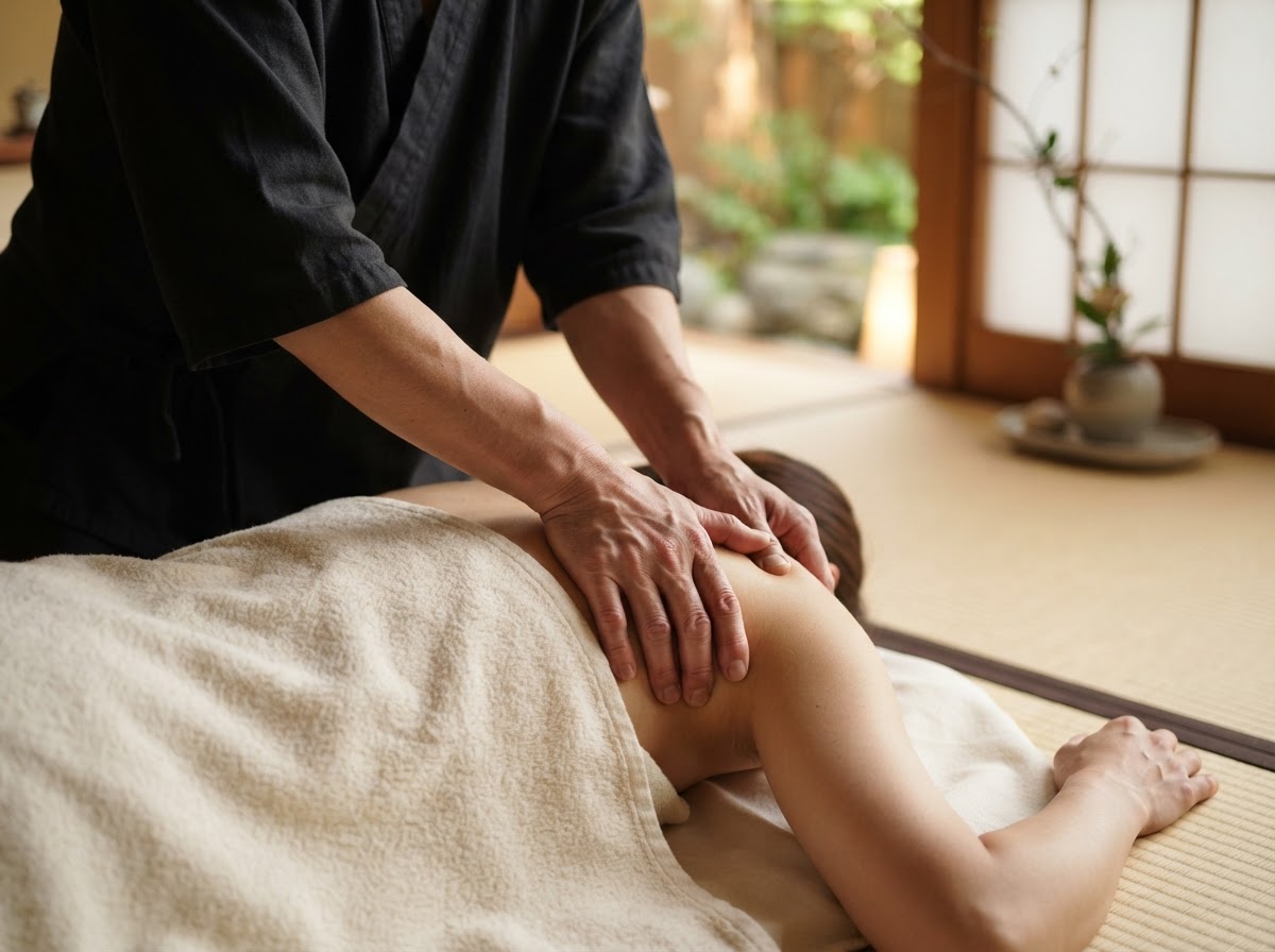 Close-up of a therapist's fingers and palms applying rhythmic pressure point Shiatsu massage to a shoulder