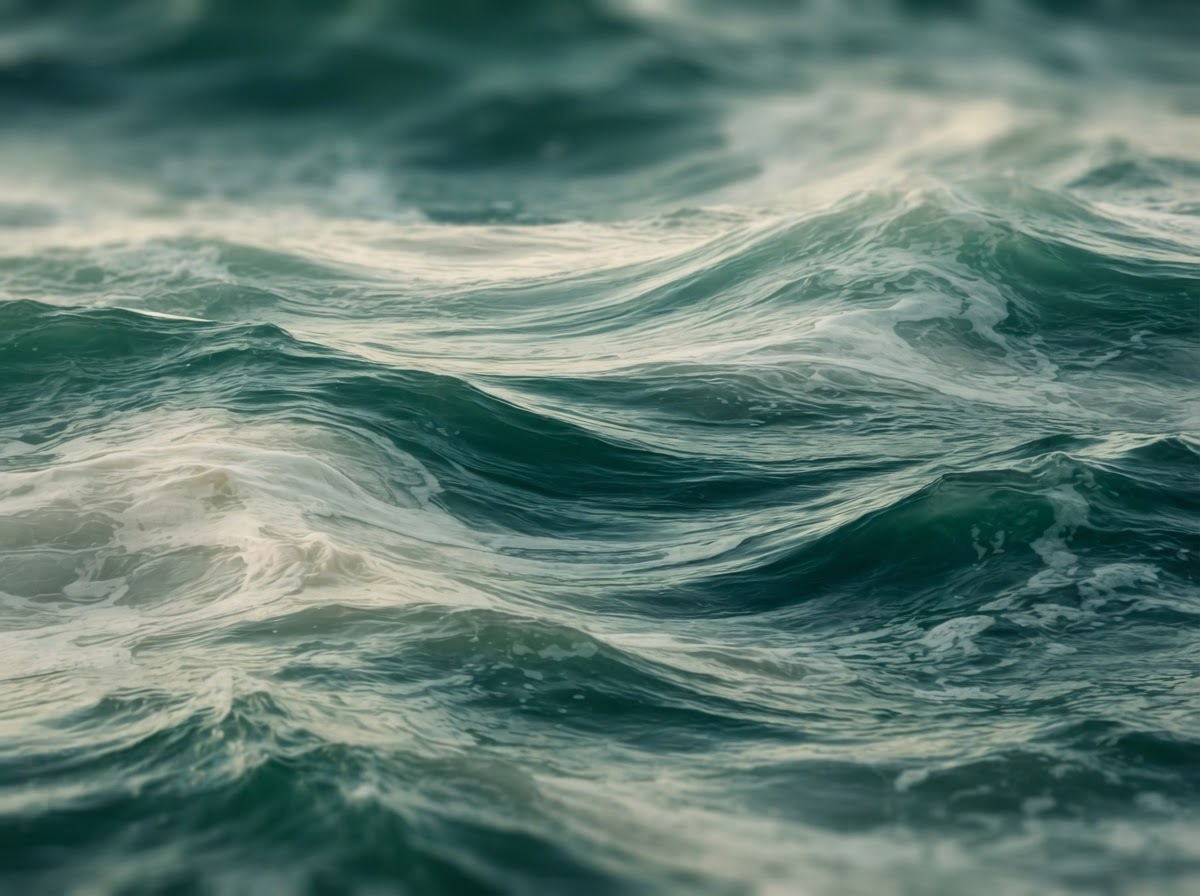 Decorative layered ocean waves in deep green and cream