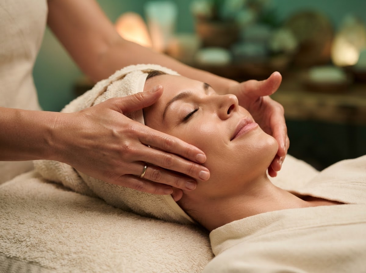 Close-up of gentle hands performing a relaxing facial massage