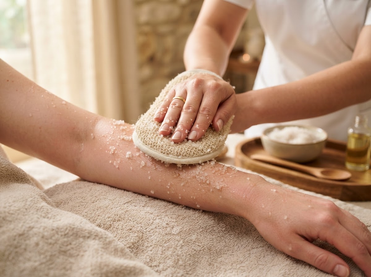 Close-up of a therapist's hands exfoliating an arm with fine sea salt grains