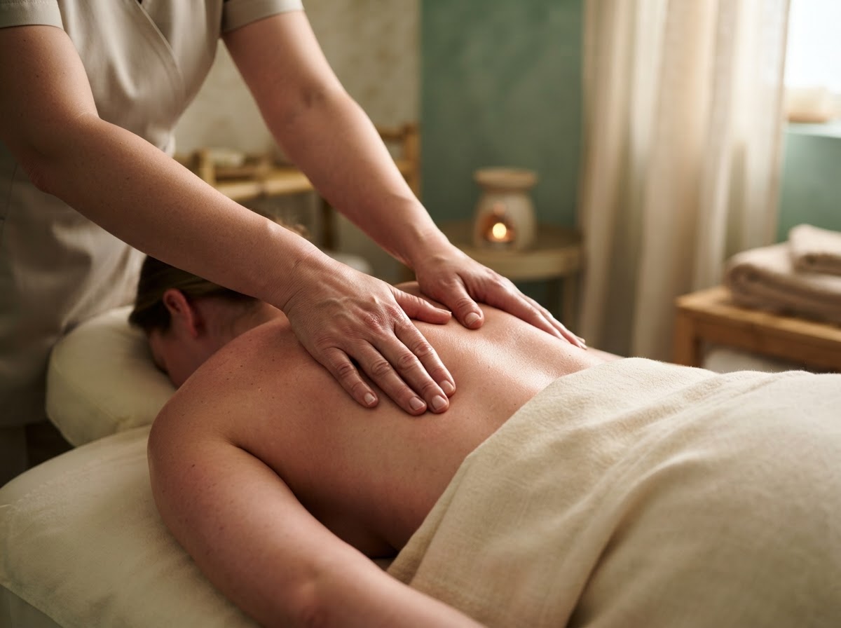 Close-up of a therapist's hands applying deep pressure to a client's back