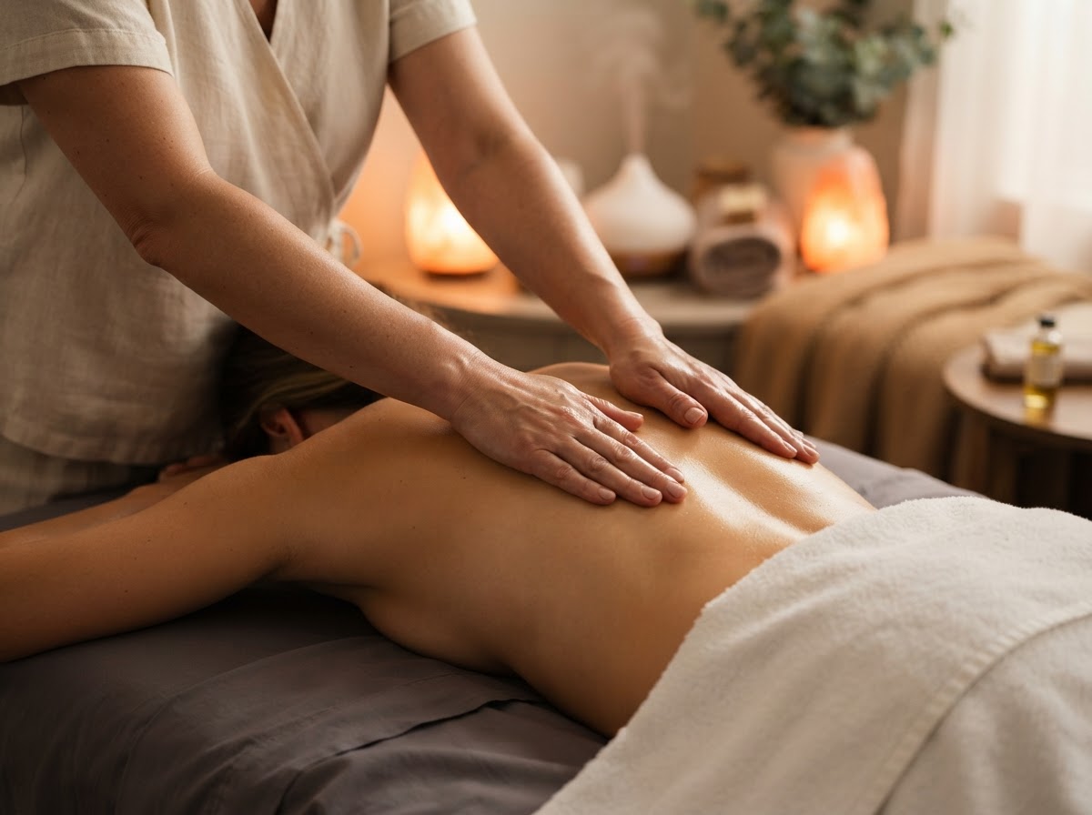 Close-up of a therapist's hands performing gentle long flowing strokes during a Swedish massage