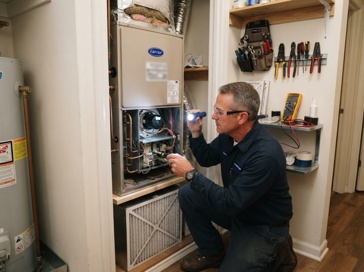 Technician inspecting an indoor air handler