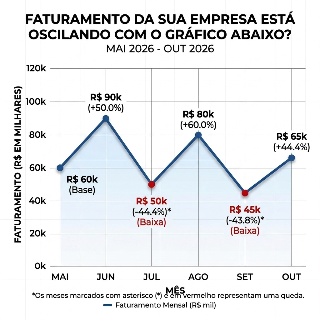 Gráfico mostrando oscilação de faturamento mensal entre meses bons e de baixa