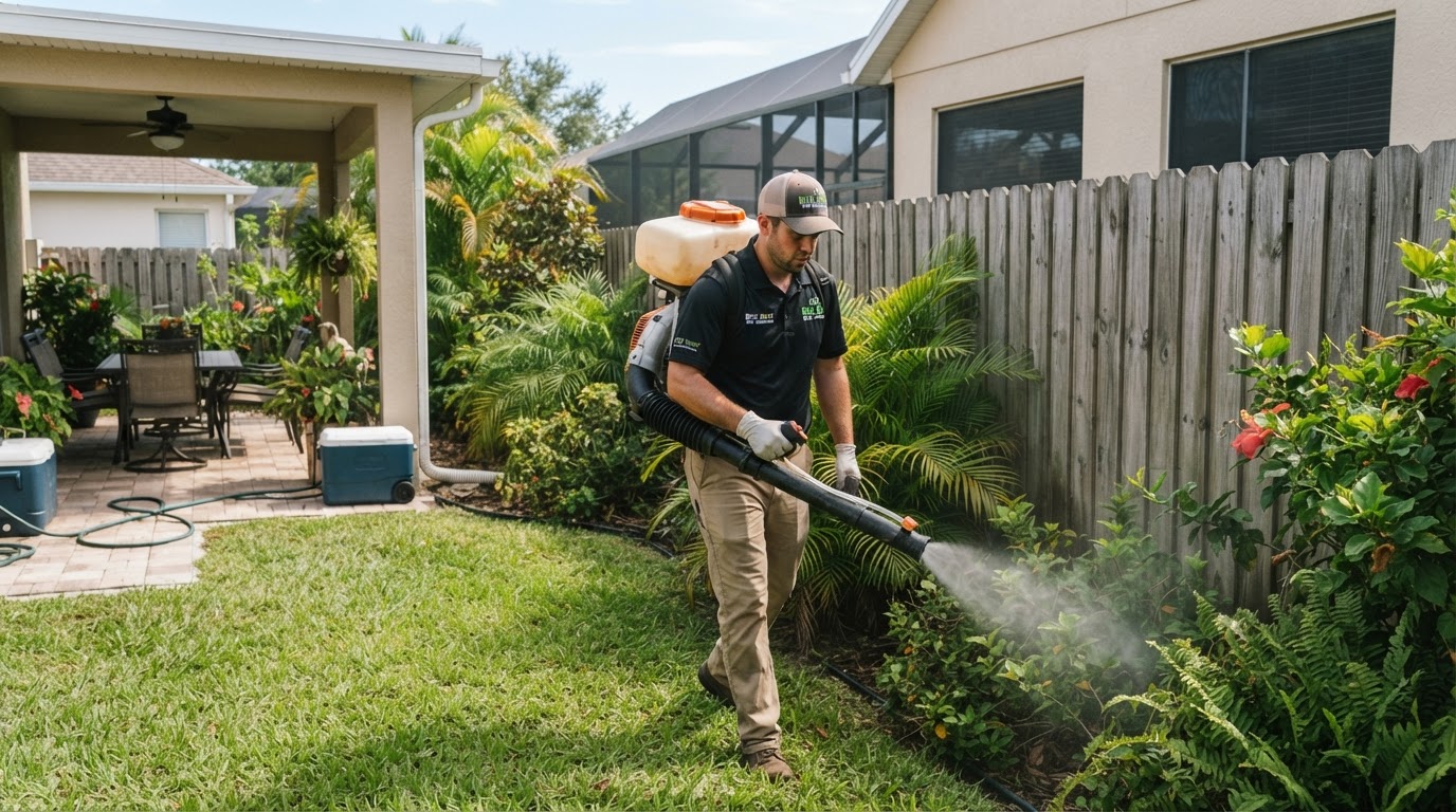 Mosquito & tick control — professional pest control technician at work