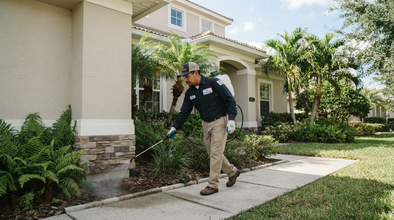 Pest control technician treating the exterior perimeter of a home