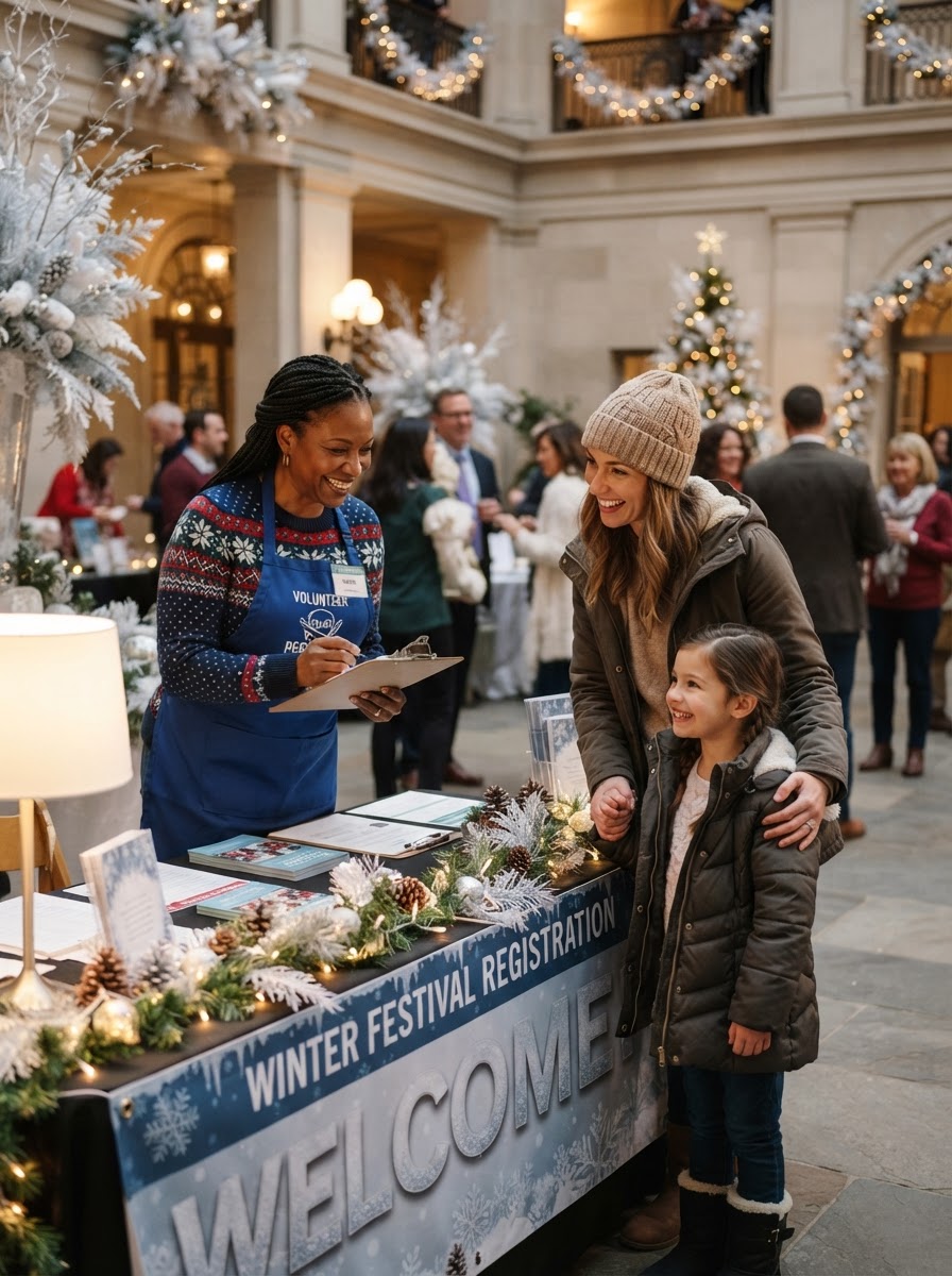 Community volunteers helping families at the Winter Fun Festival