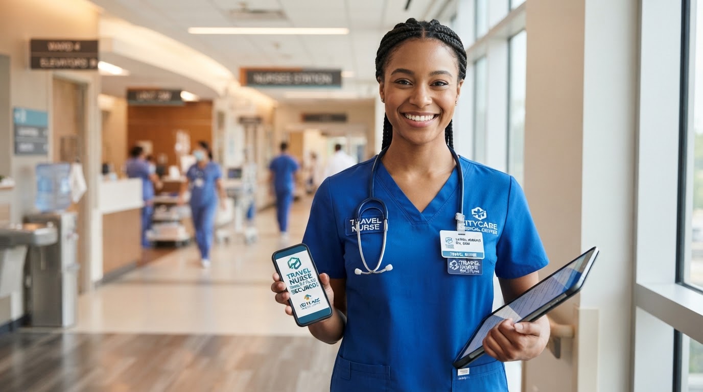 Confident travel nurse in a modern hospital hallway