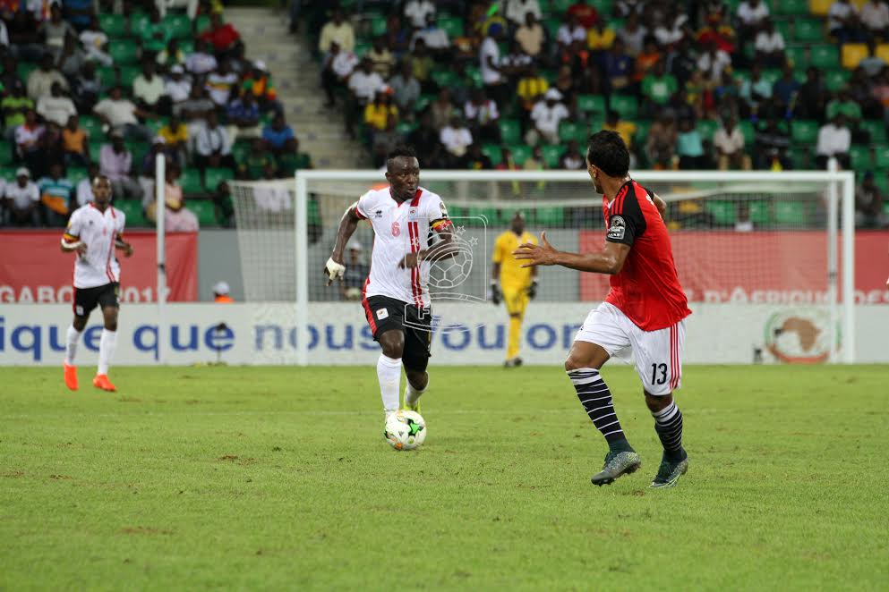 Tonny Mawejje in a Uganda Cranes kit playing against Egypt at the 2017 Africa Cup of Nations, January 2017.