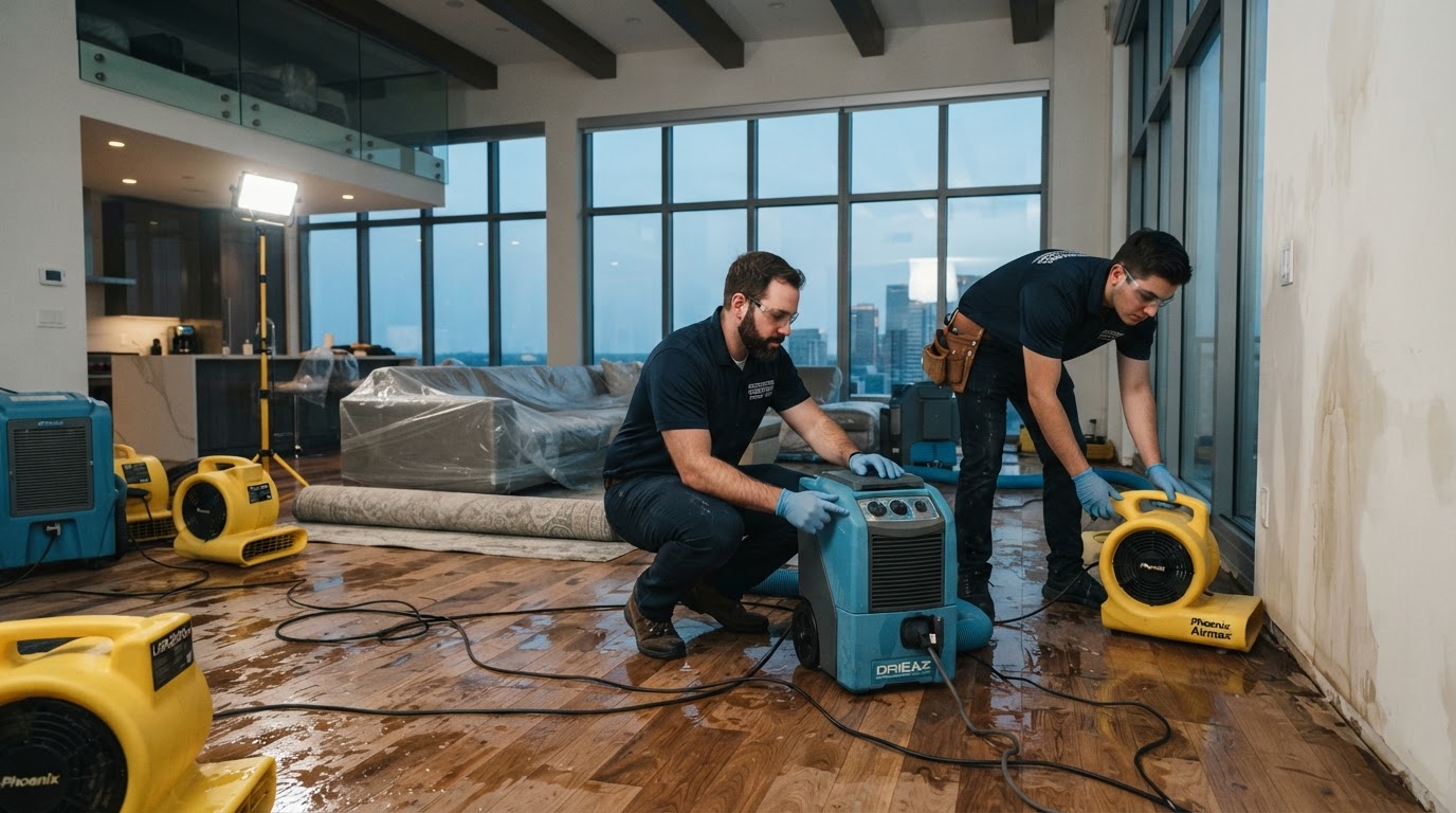 Restoration technicians setting up water damage extraction and drying equipment inside property