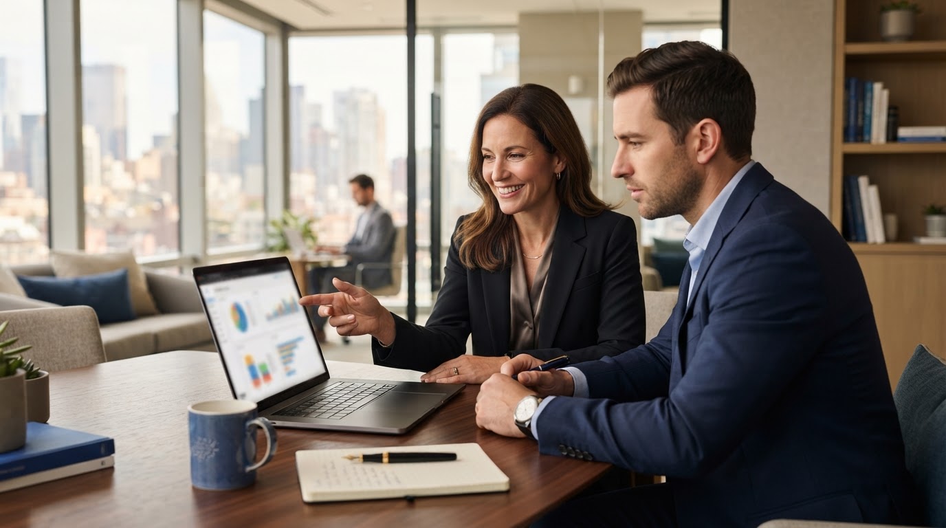 Service-business owner and operations manager reviewing business activity on a laptop