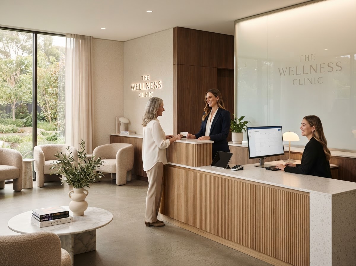 Clean clinic reception and scheduling desk staff
