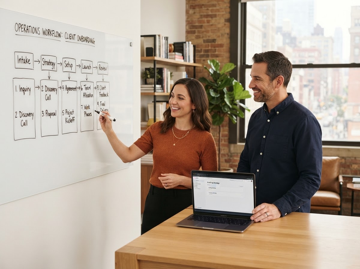 Owner and operations lead reviewing a workflow together