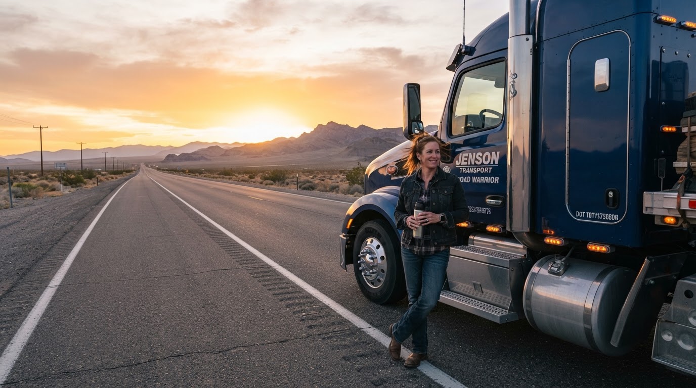 Independent truck driver next to a long-haul semi truck at sunrise on an open highway