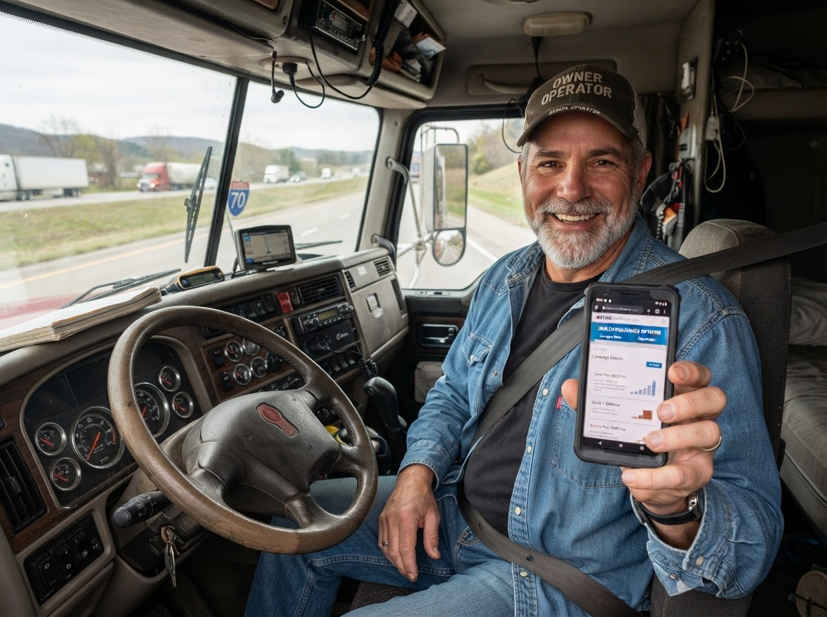 Truck driver checking health insurance rates on a smartphone from inside the truck cab
