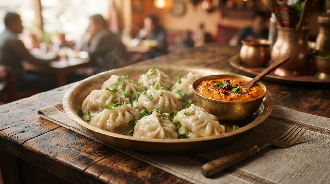 Fresh Nepali Steamed Momo with dipping chutney at Mom's MoMo and Deli