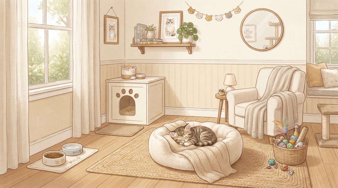 Kitten-safe room prepared for a new kitten arriving home