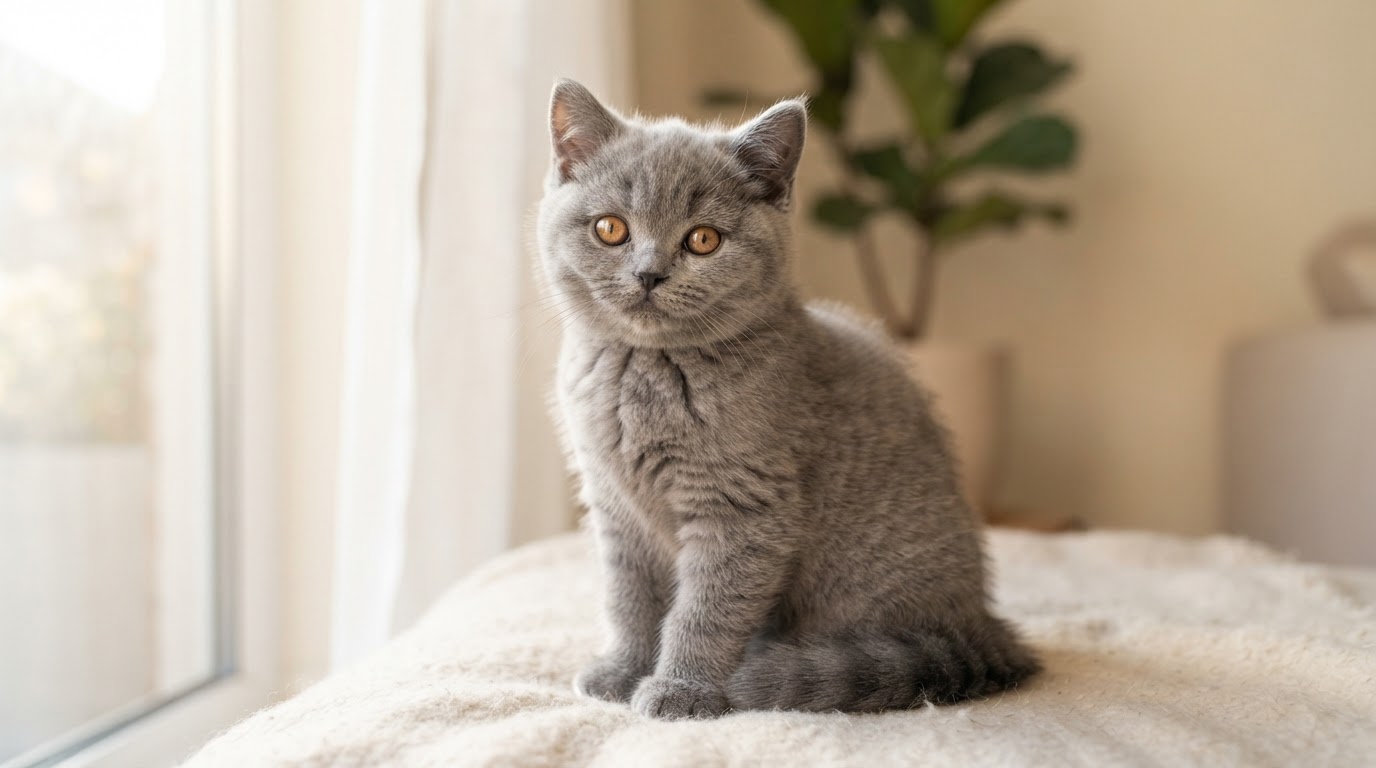 Blue British Shorthair kitten with plush coat and copper eyes in warm natural light