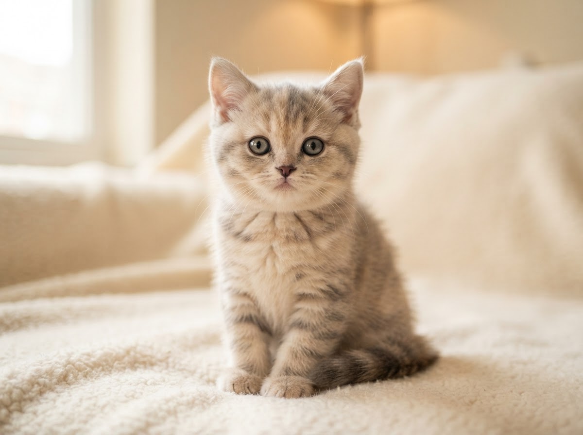 Scottish Straight kitten with upright ears and round eyes