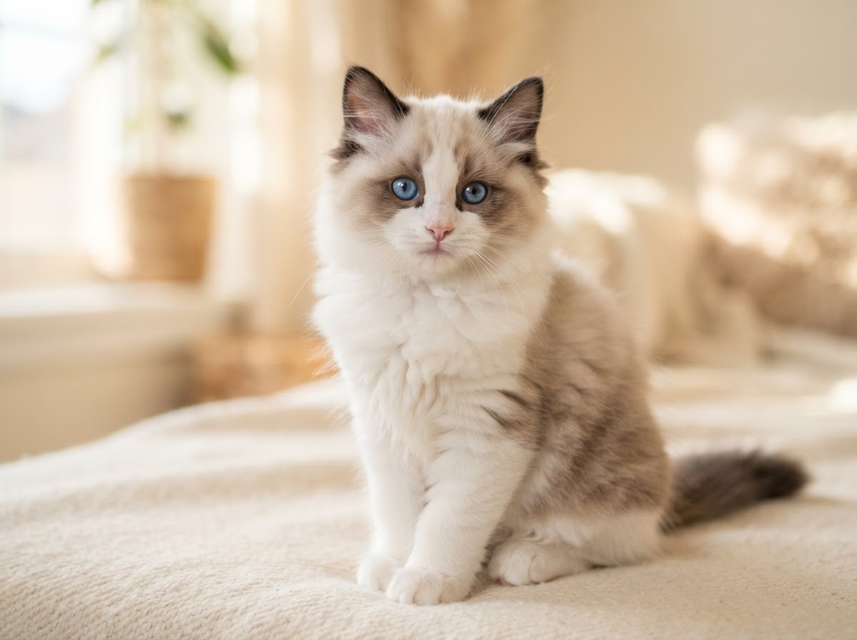 Blue Point Colorpoint Ragdoll kitten with blue eyes and semi-long coat