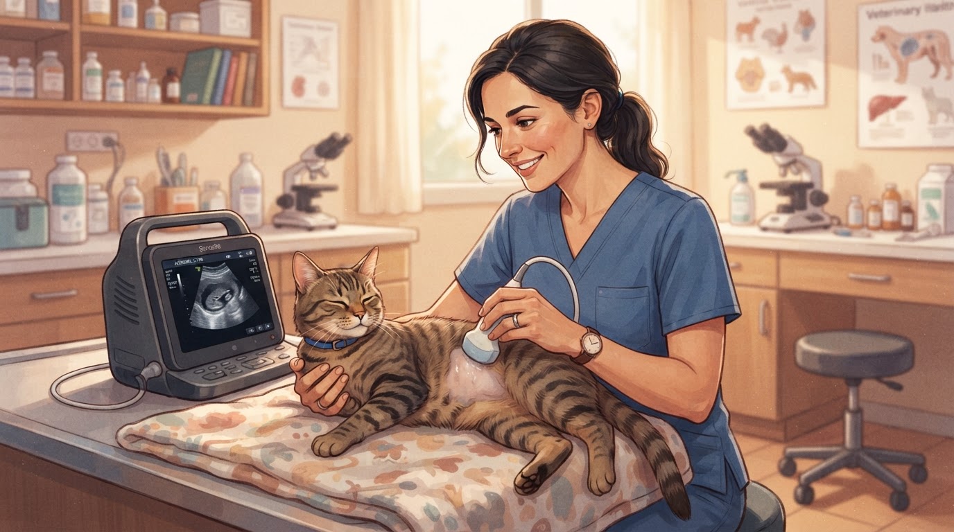 Veterinarian performing HCM screening ultrasound on a cat