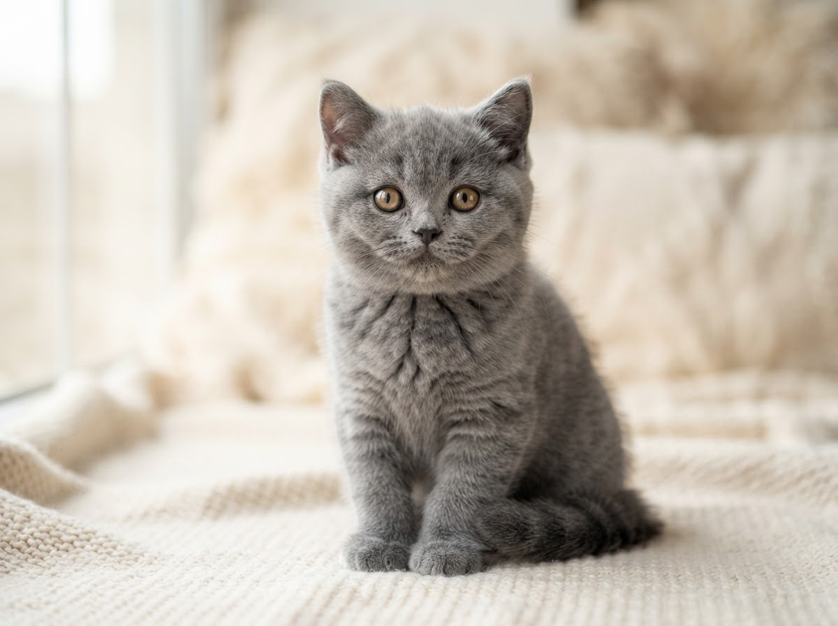 Blue British Shorthair kitten with plush coat and copper eyes