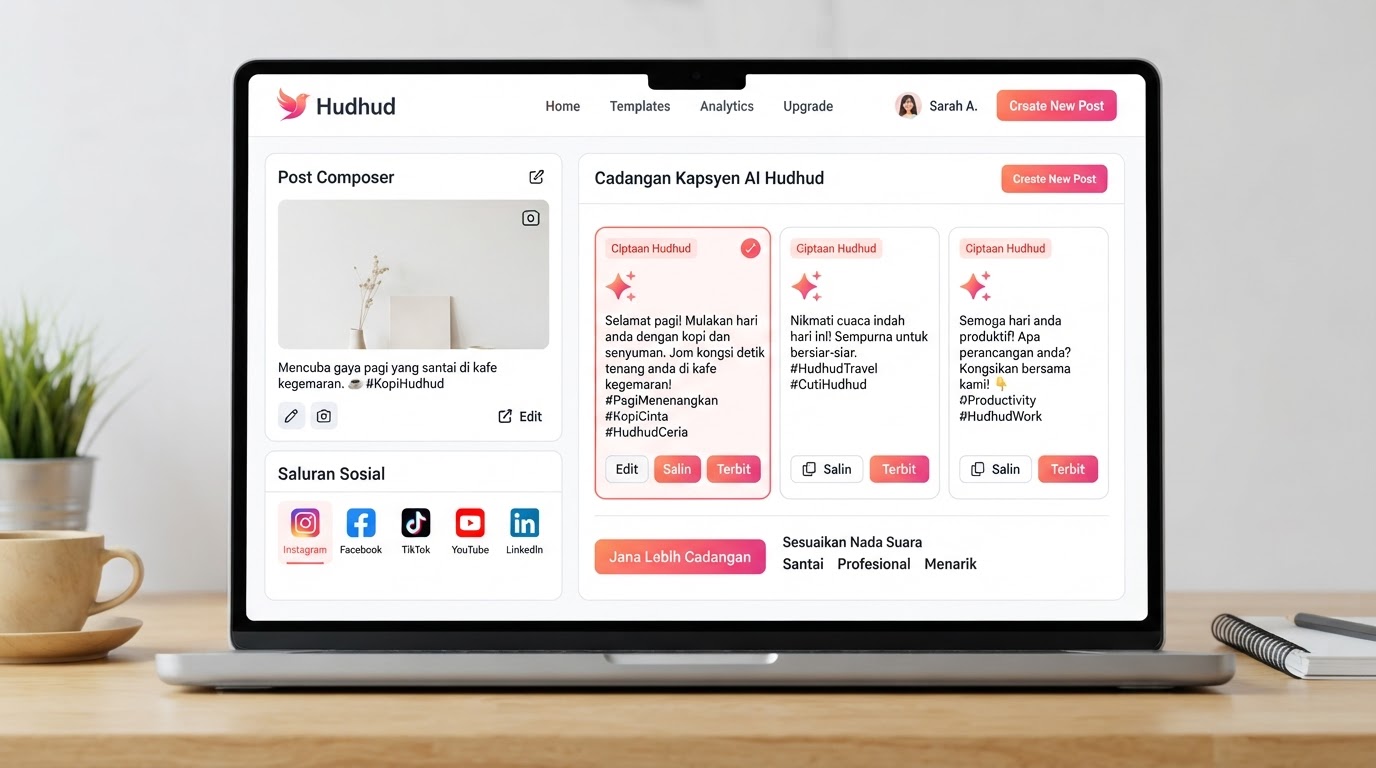 Tangkapan skrin pembantu caption AI Hudhud menjana draf untuk pelbagai platform