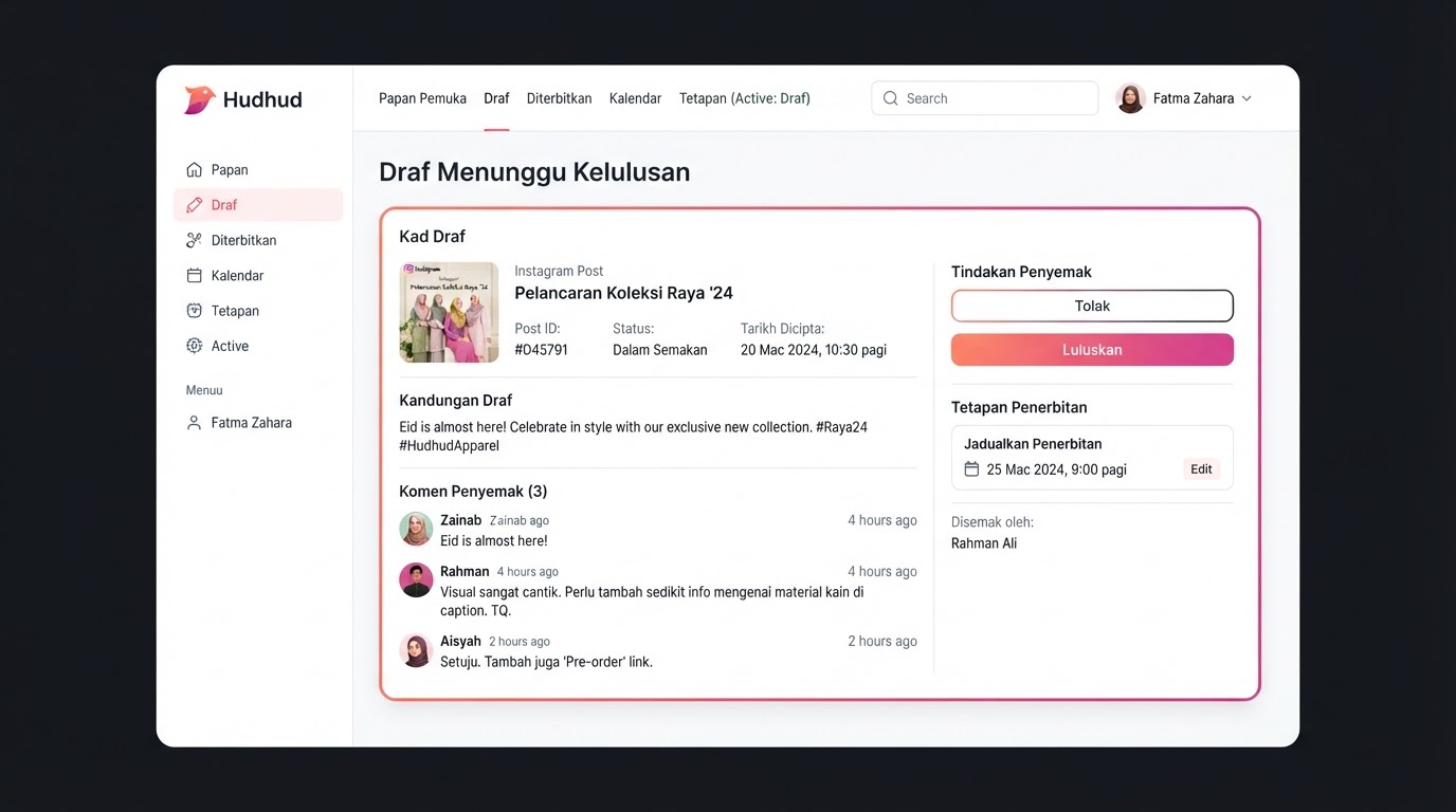 Tangkapan skrin kalendar penjadualan kandungan Hudhud untuk 8 channel media sosial