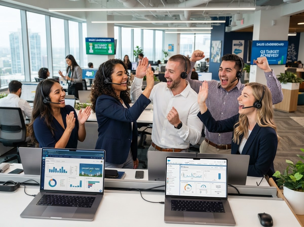 Equipo de ejecutivos de ventas de Ozono Digital celebrando resultados