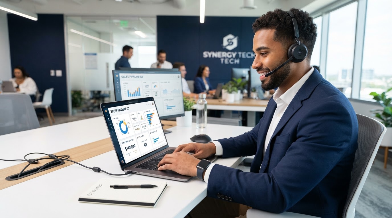 Closer de ventas con headset cerrando una oportunidad en su CRM