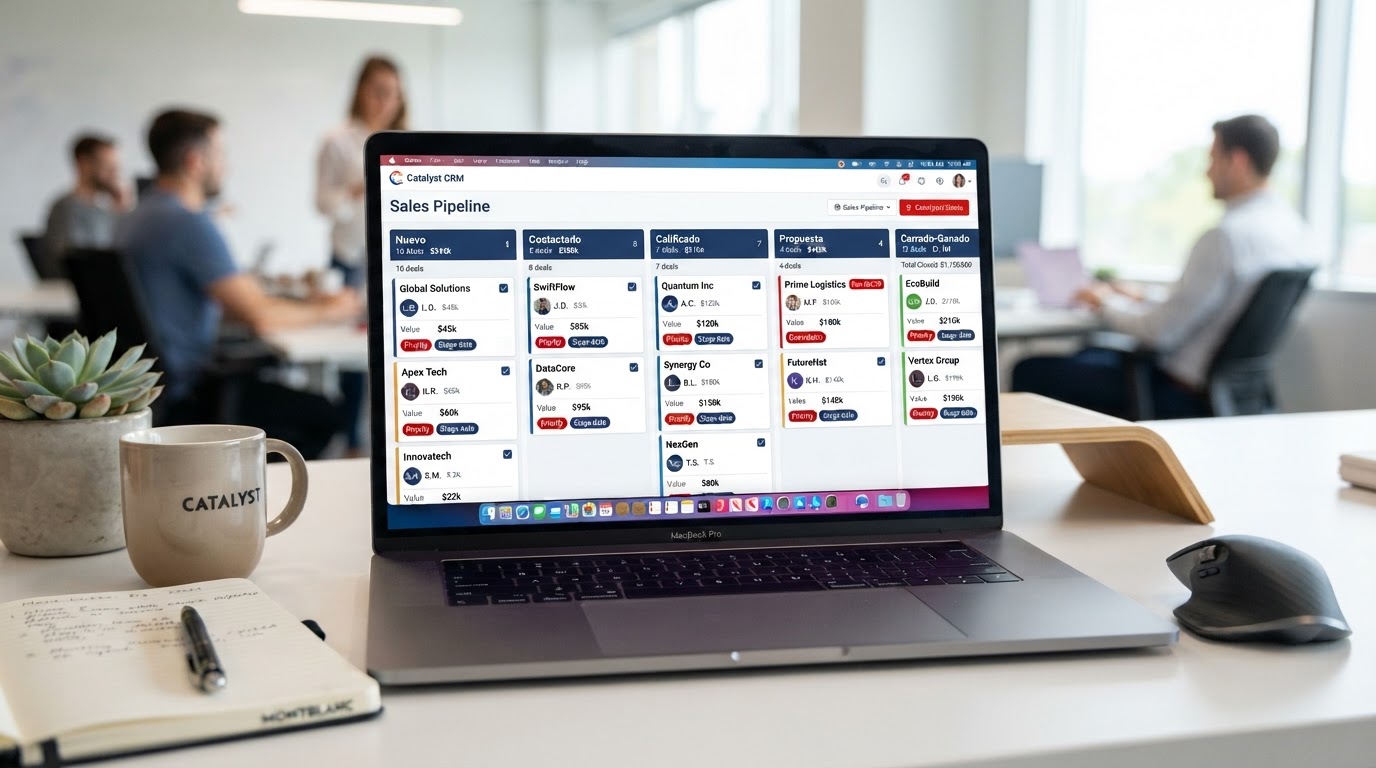 Tablero de pipeline de ventas con etapas: Nuevo, Contactado, Calificado, Propuesta y Cerrado