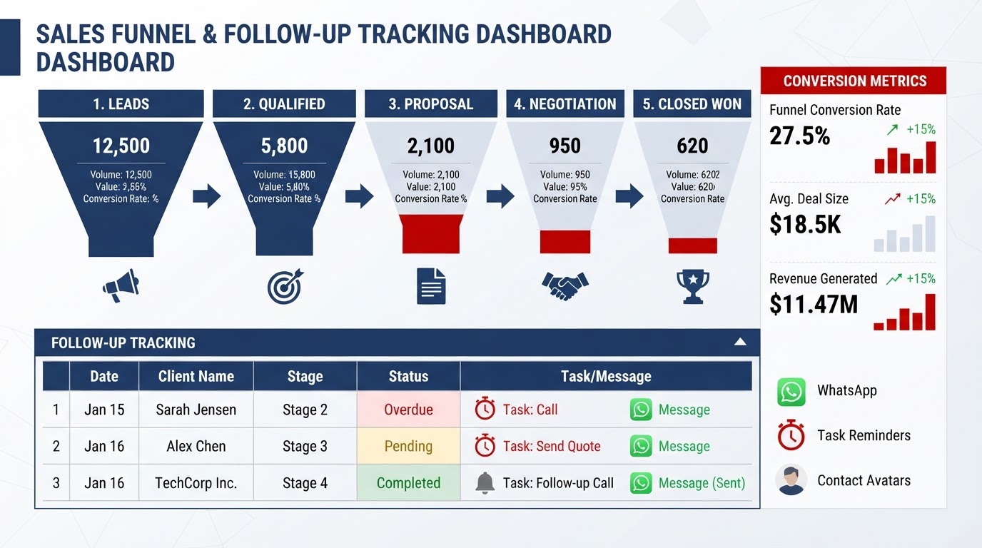 Embudo de ventas y panel de seguimiento con métricas de conversión y tareas