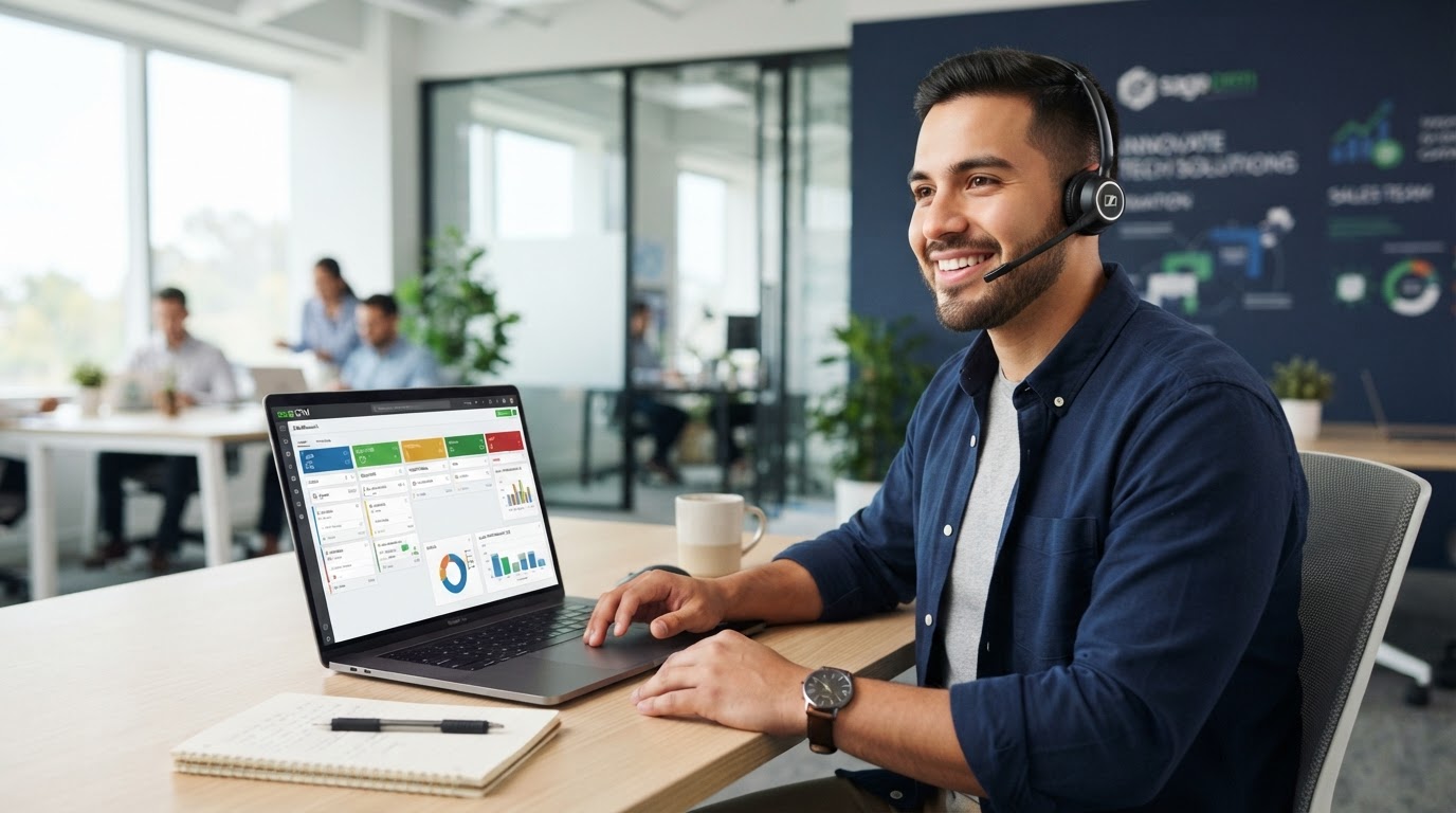 Asesor de ventas con headset trabajando en un CRM frente a su laptop