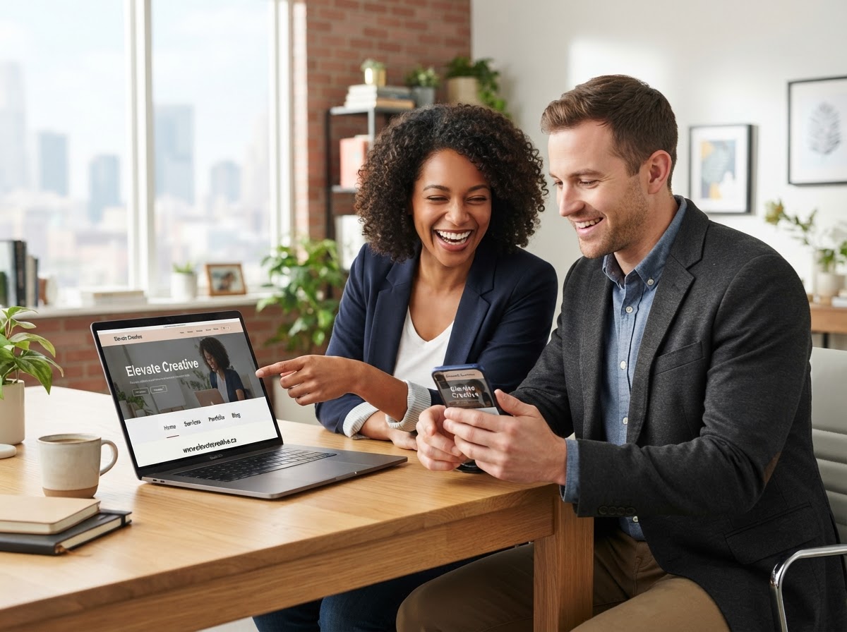 A man and woman small business owner team reviewing their smart website on a laptop and phone