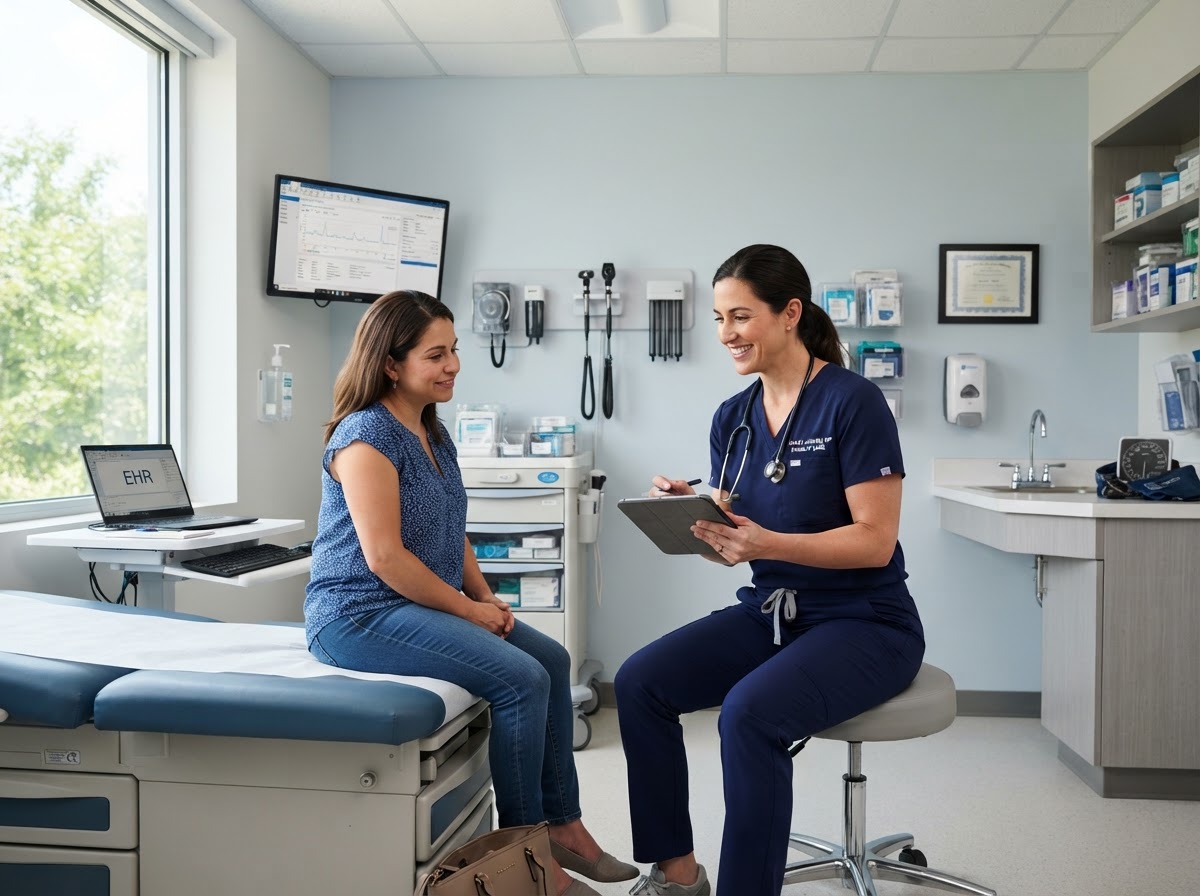 Nurse practitioner consulting with a patient in a modern primary care exam room