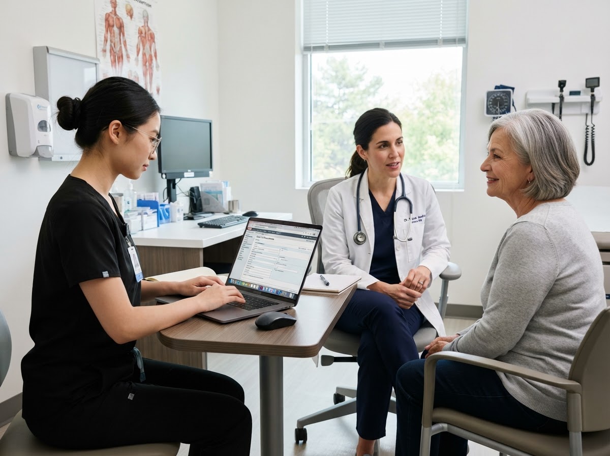 Virtual medical scribe documenting a patient visit in real time alongside a physician