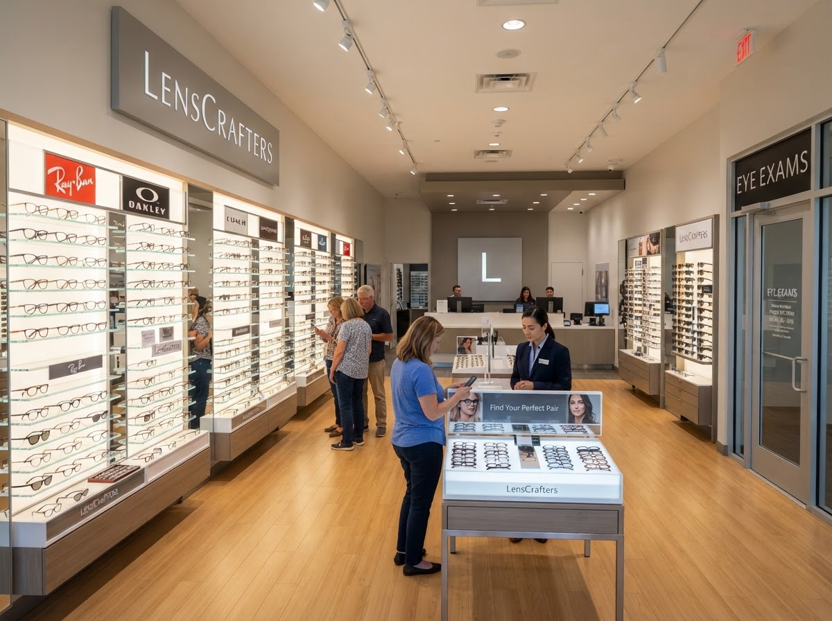 LensCrafters style optical retail store with illuminated eyeglass frame displays