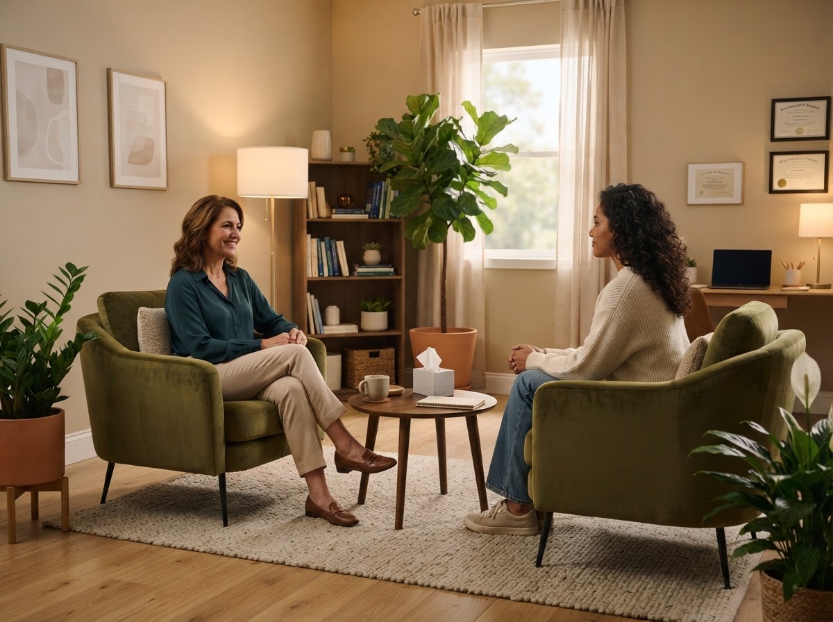 Calm modern mental health therapy office with comfortable seating and warm lighting