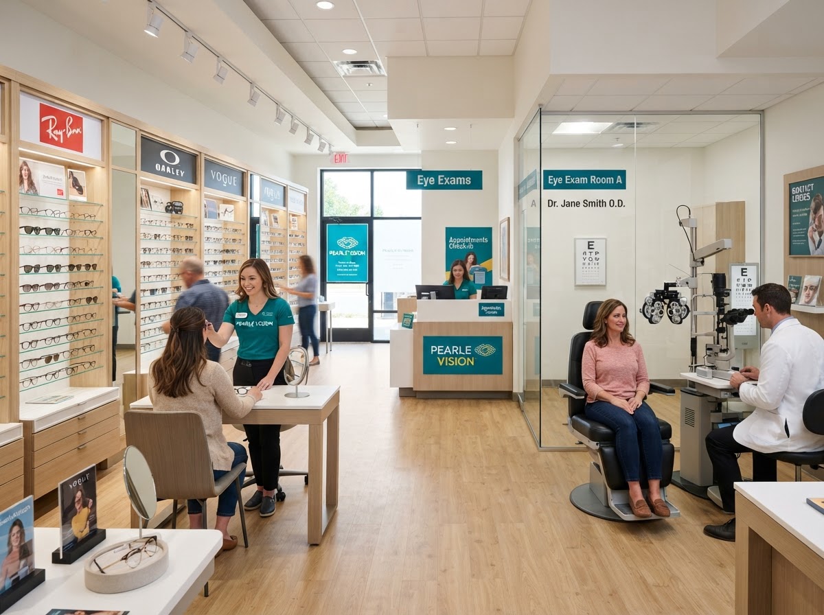 PearleVision style optical store interior with elegant eyeglass frame displays