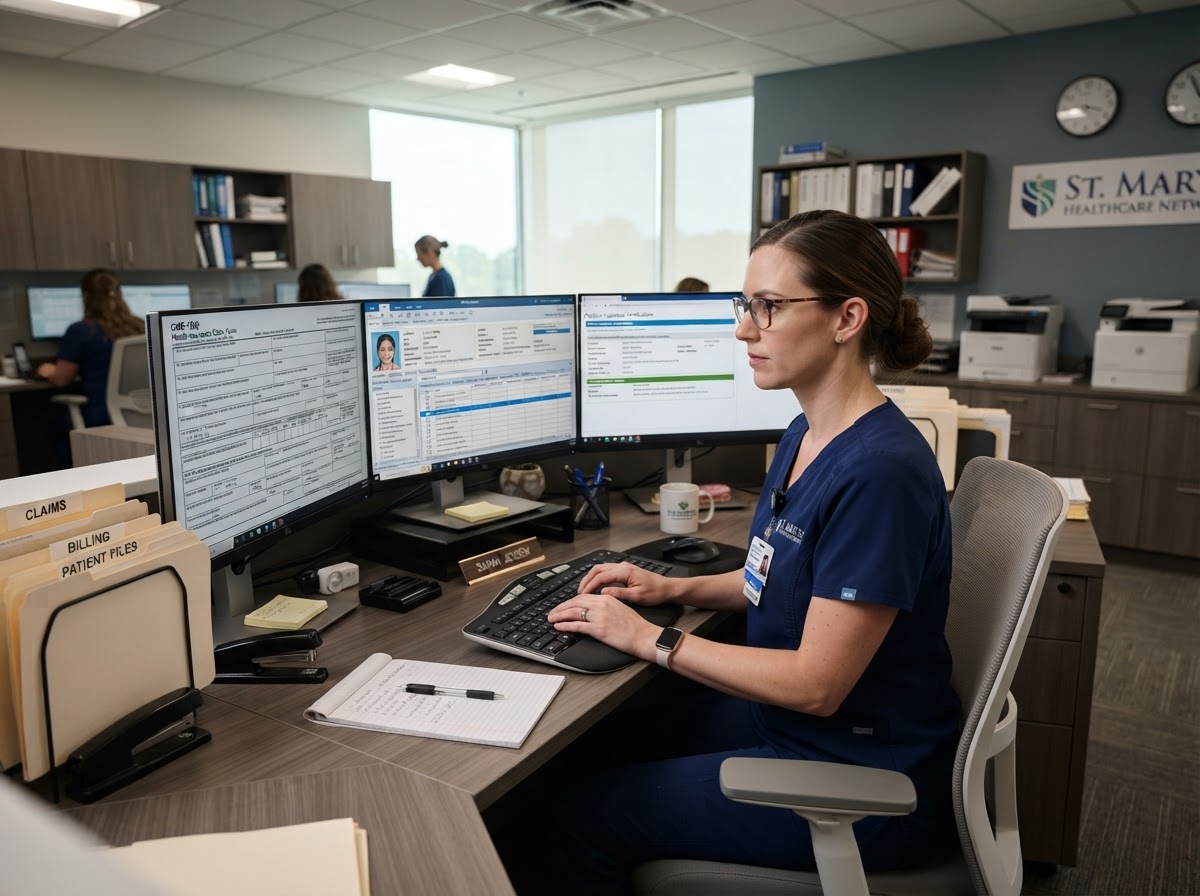 Medical administrative assistant working on insurance verification and prior authorization portals