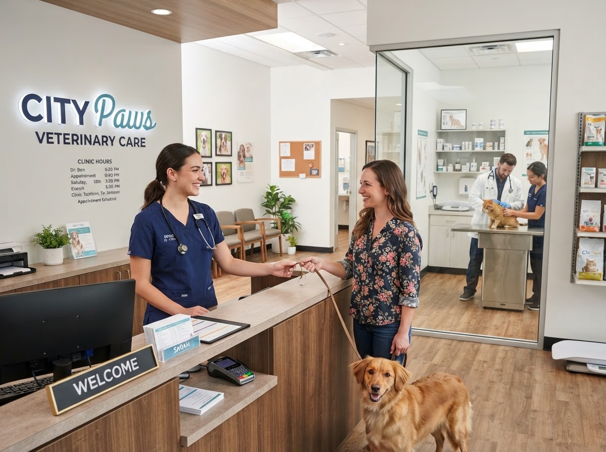 Modern veterinary clinic reception area with a friendly vet tech