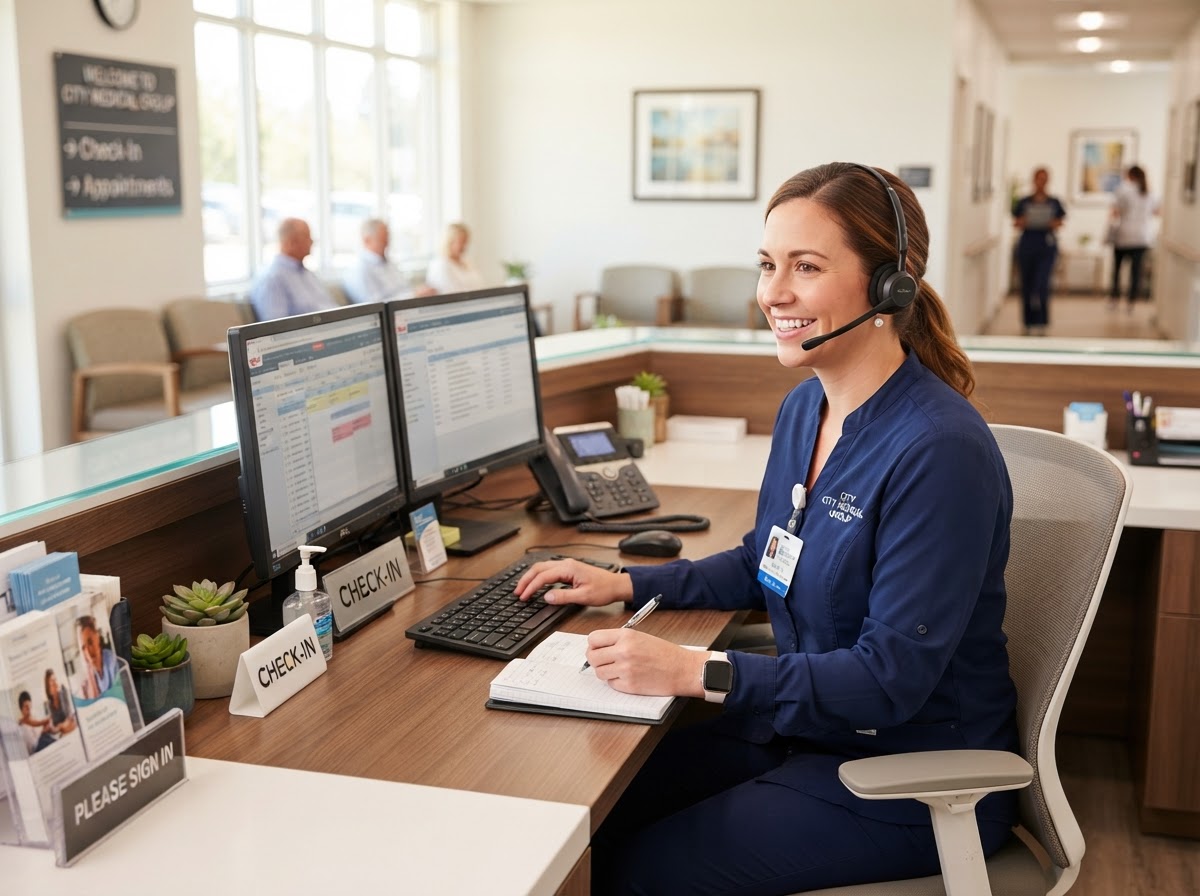 Virtual medical receptionist wearing a headset answering patient phone calls
