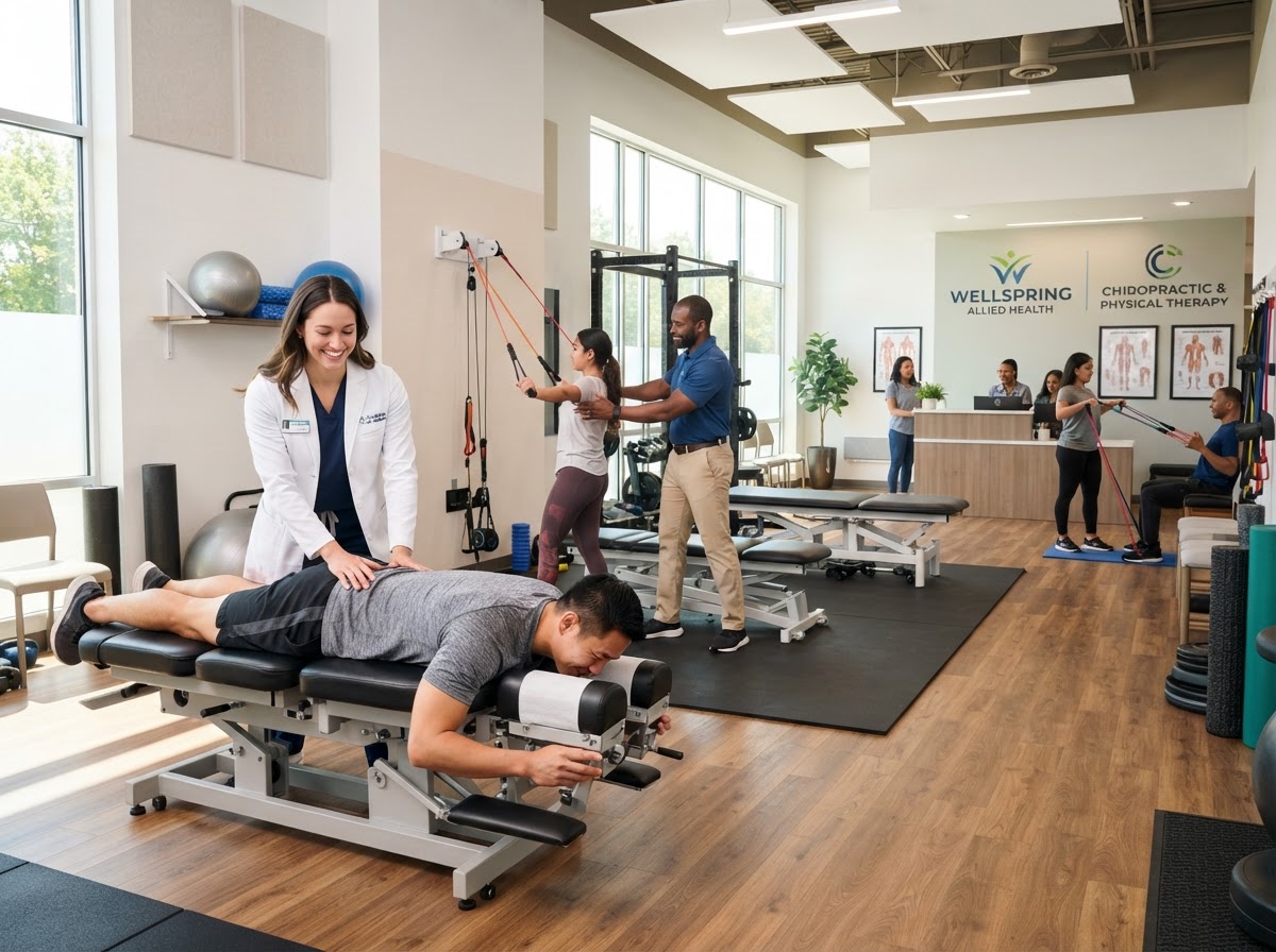 Allied health and wellness clinic with chiropractic and physical therapy equipment