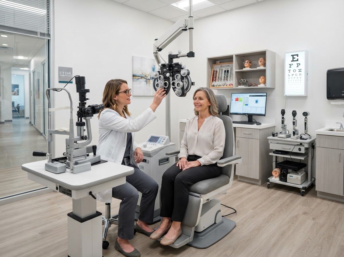 Modern optometry clinic exam room with phoropter and eye care equipment