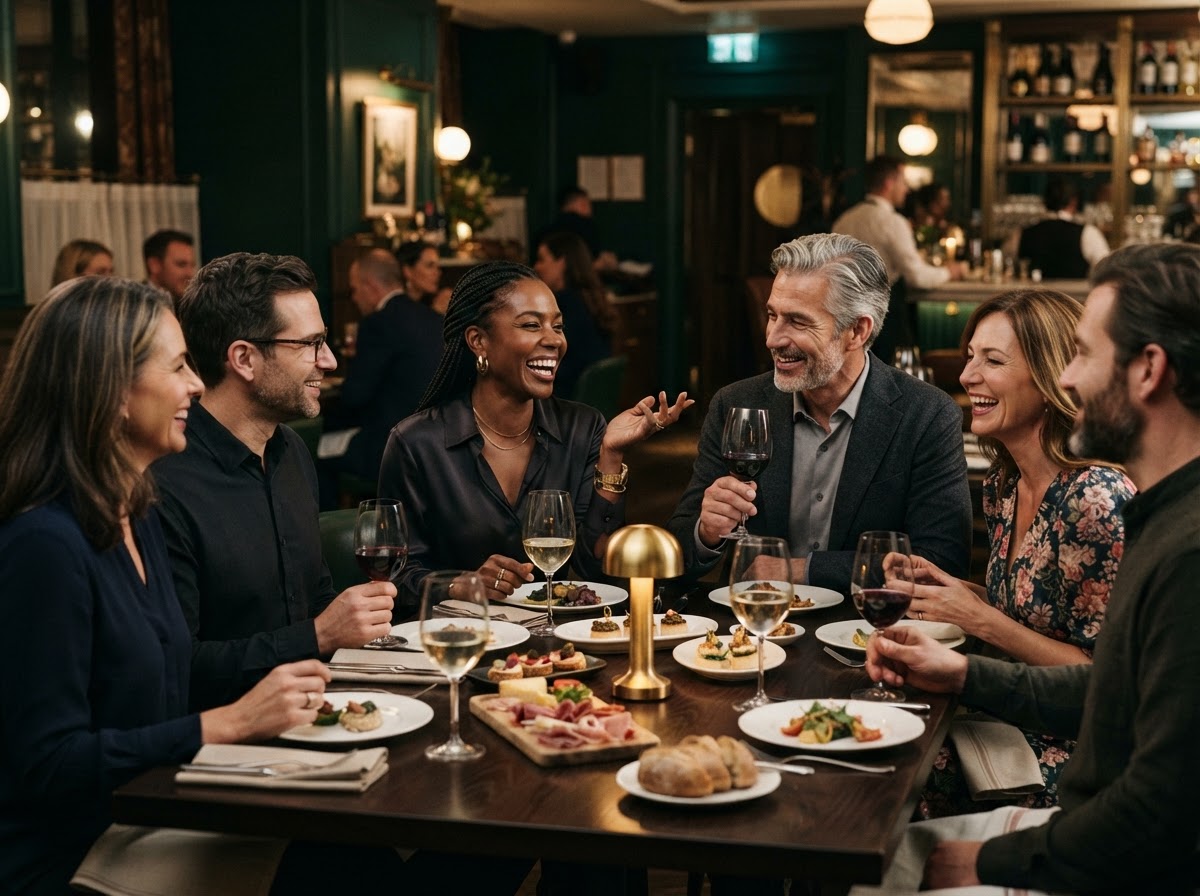 A mixed group of adults enjoying conversation across a restaurant table — illustrative imagery