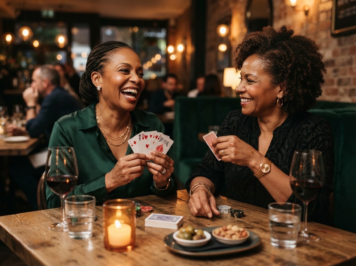 Two Black women in their 50s laughing over a card game at a restaurant — illustrative imagery